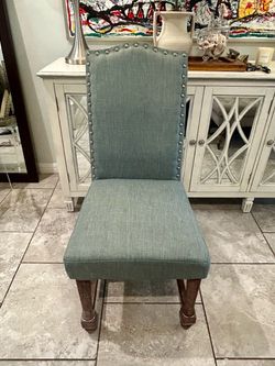 1 chair grey teal linen-blend upholstery with silver decorative nailhead trim.