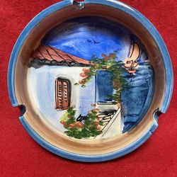 5.25 Inch Handmade Hand Painted Blue Ceramic Greek Ashtray Imported From Greece 