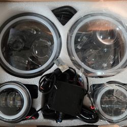 LED Headlights With Multi-color Halo's For JEEP Wrangler With Mounting Brackets.