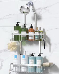 YASONIC Never Rust Shower Caddy Hanging, Aluminum Shower Racks For Inside Shower, 2-Tier Shower Organizer Hanging Over Shower Head With Hooks And Soap