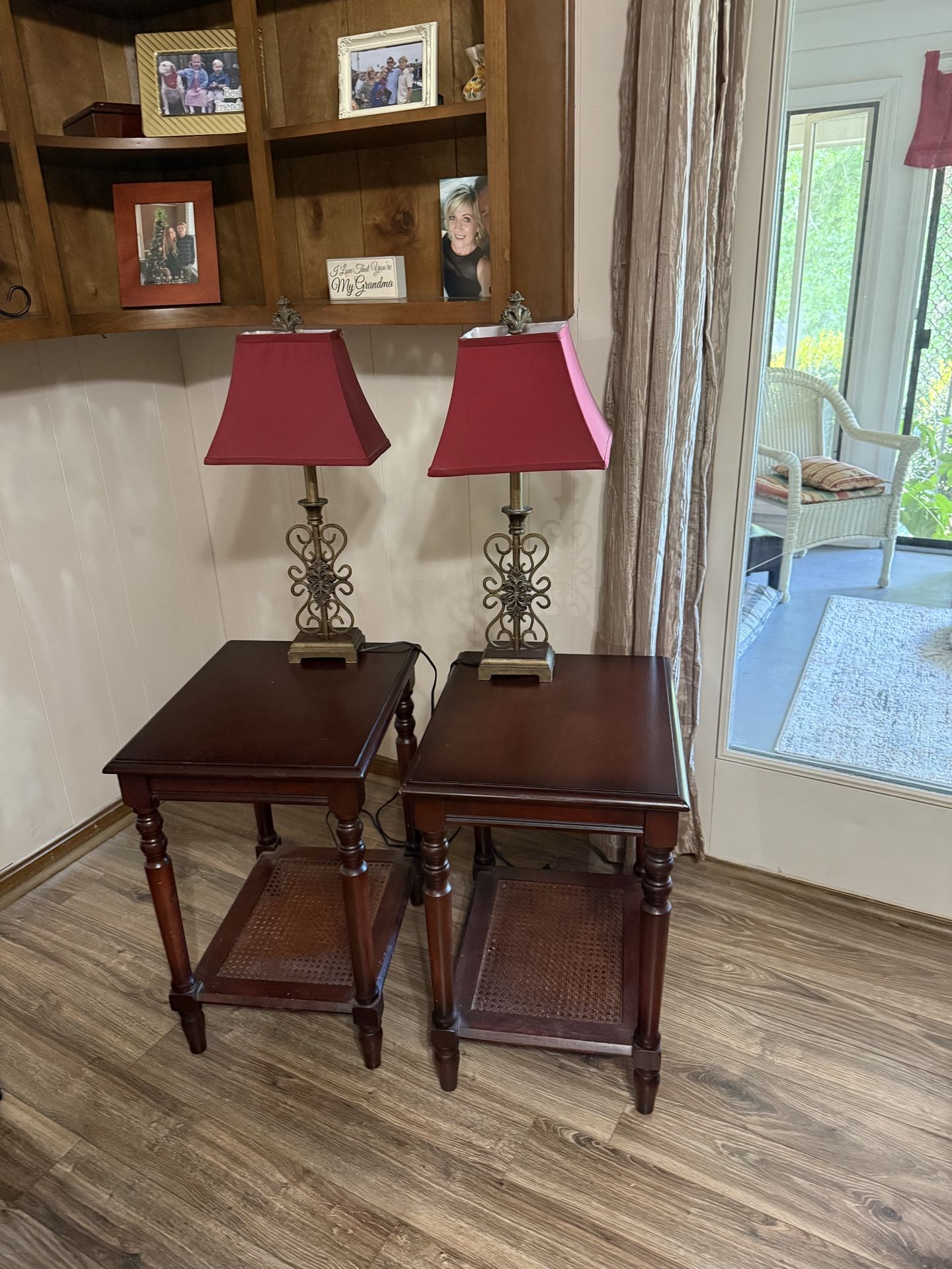 Dark wood end tables with lamps included