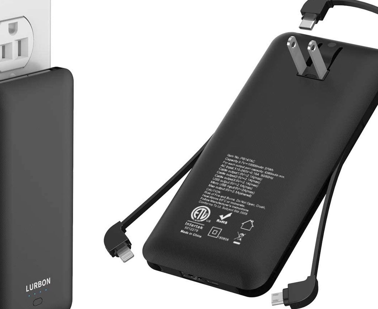 10000 mAh Portable Charger Power Bank Ultra Slim External Battery Pack with Built in AC Plug, Type-c Cable,Micro Cable and Other Cable for Cell Phone