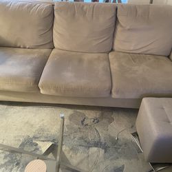 3-Cushion Tan Pullout Couch + Footrest 