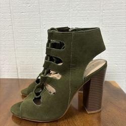 Size 7 Olive Green High Heels, Chunky Block Heel Sandals