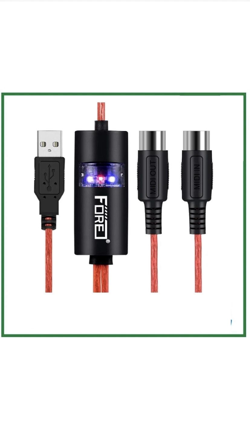 FORE MIDI to USB 6ft Cable 1-in/1-out 16-channel MIDI Interface LED Status 