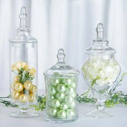 New in a sealed box Efavormart Set of 3 Clear Apothecary Glass Candy Jars With Lids - 9"/13"/14" (D533) (D533) (D533)
