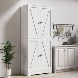 Farmhouse Storage Cabinet, Kitchen Pantry Cabinet with 4 Barn Doors, Tall White Storage Cabinets with Adjustable Shelves for Kitchen, White