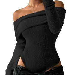 MakeMeChic Women's Fuzzy Off The Shoulder Bodysuit sz S *NEW*