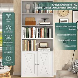 70.6”Bookshelf, Industrial Bookshelves and Bookcases with Doors Floor Standing 6 Shelf Display Storage Shelves,white