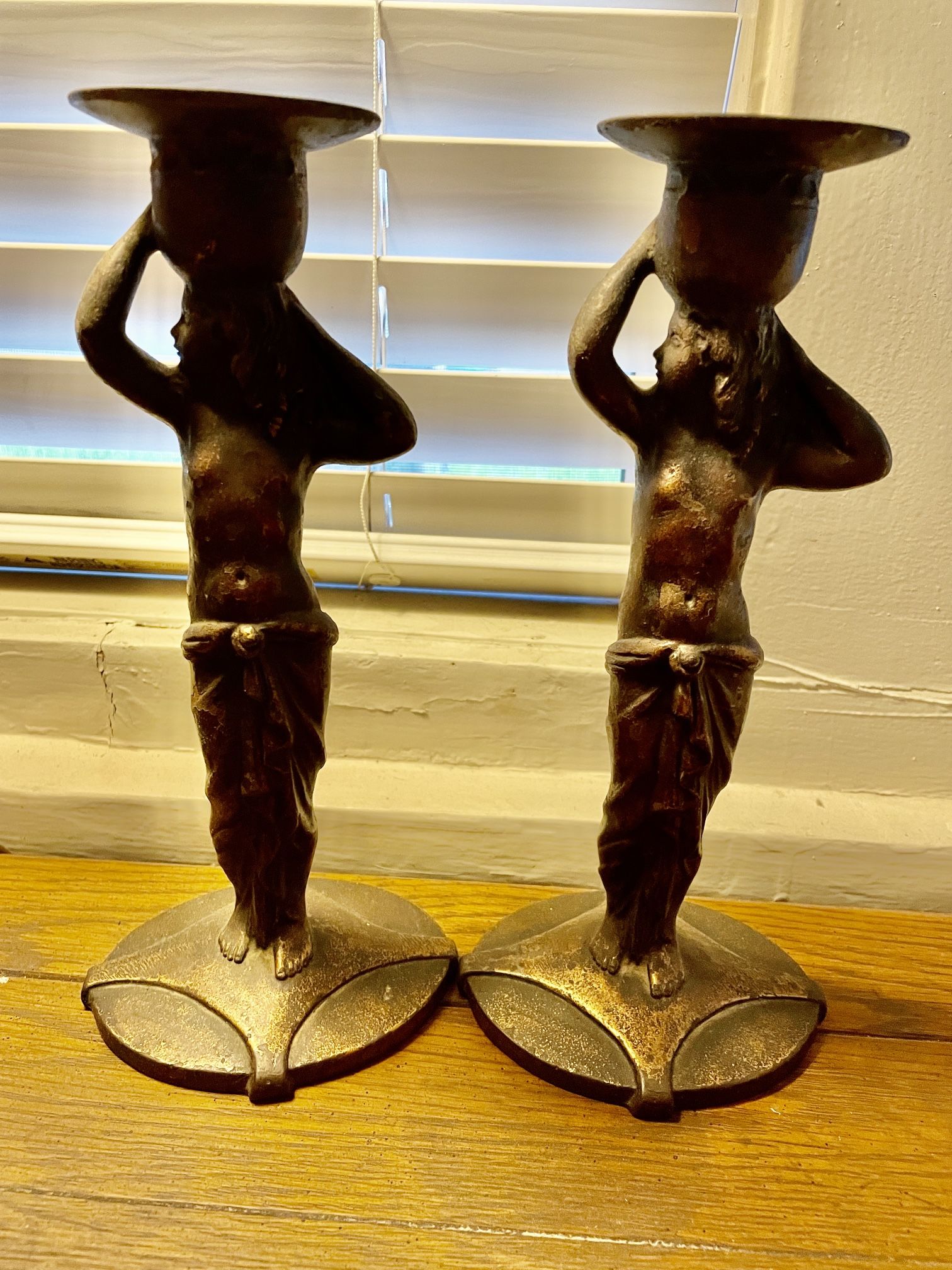 2 heavy bronze tone cast-iron candle holders