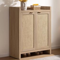 24 Pair Shoe Storage Organizer Cabinet, Rattan Doors 41" Tall Rattan Shoe Cabinet with Doors, 6-Tier Farmhouse Boho Wooden Storage Cabinet for Entrywa