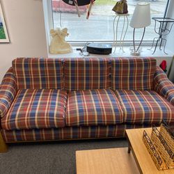 Red & Blue Checkered Fabric Wood 3-Seat Sofa Couch $100 