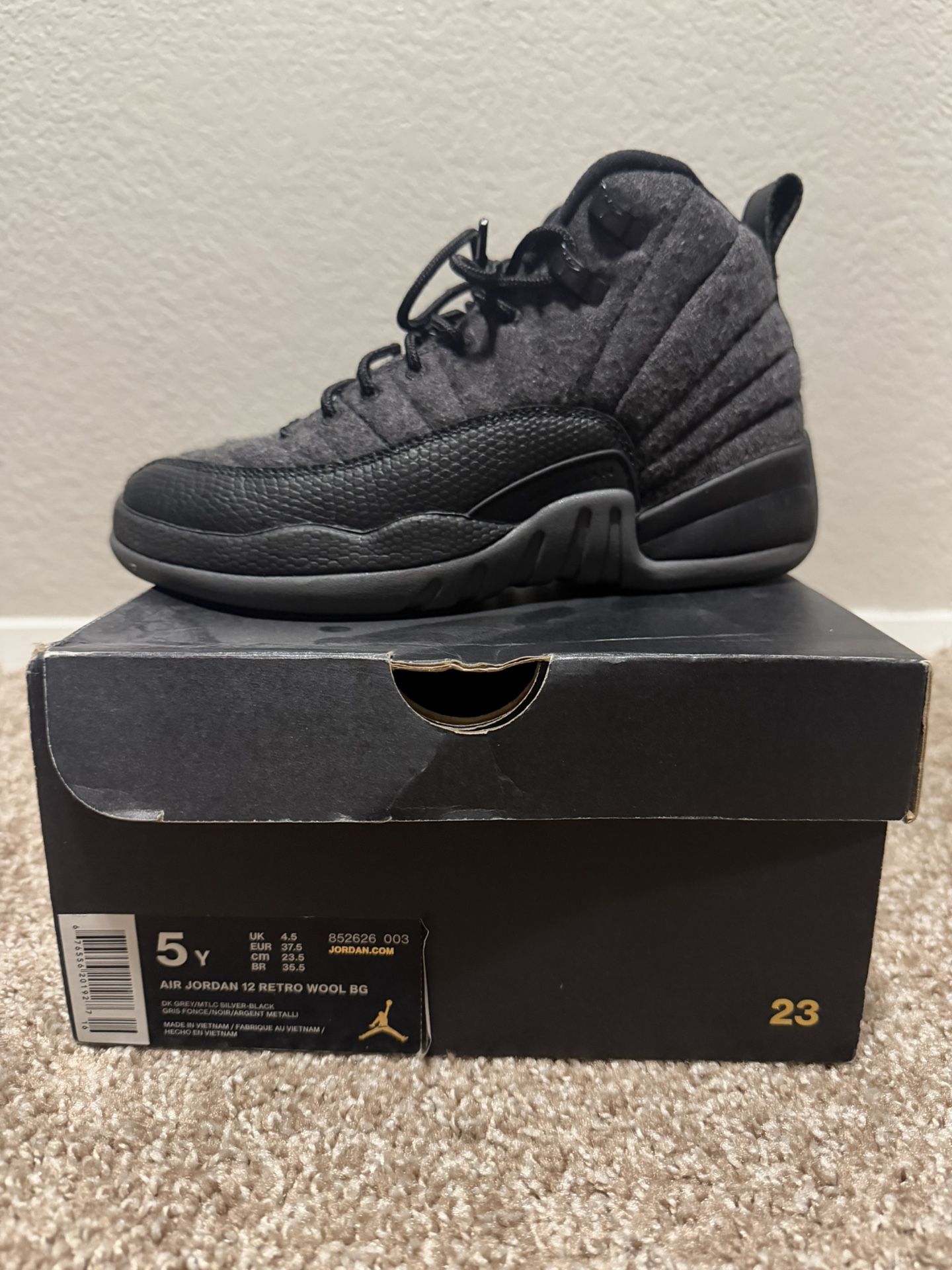 Jordan Retro 12 “Wool” Gray Silver Black   Size 8 Jordan 12 wool black size UK 8. Comes with original... | Depop main image 2