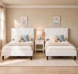 2pc Twin Bed Frame with Adjustable Headboard,White
Linen Fabric,Upholstered Platform bed,Spiral Shell Texture Tufted ,No Box Spring needed,6 Inch Unde
