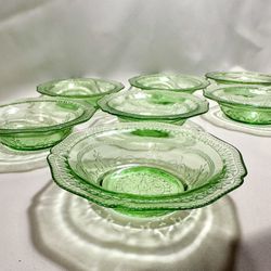 Green Patrician/Spoke Depression Glass Berry Bowls 5”, Set of 7