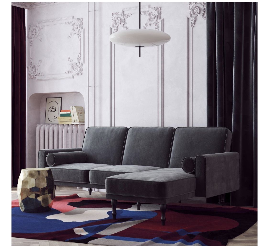 DHSmall Space Sectional Futon, Convertible Couch, Gray Velvet