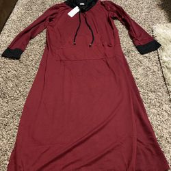 Women’s Hooded Nightgown Long/Short Sleeve Size Large, Wine Red Full Length Loungewear with Pocket