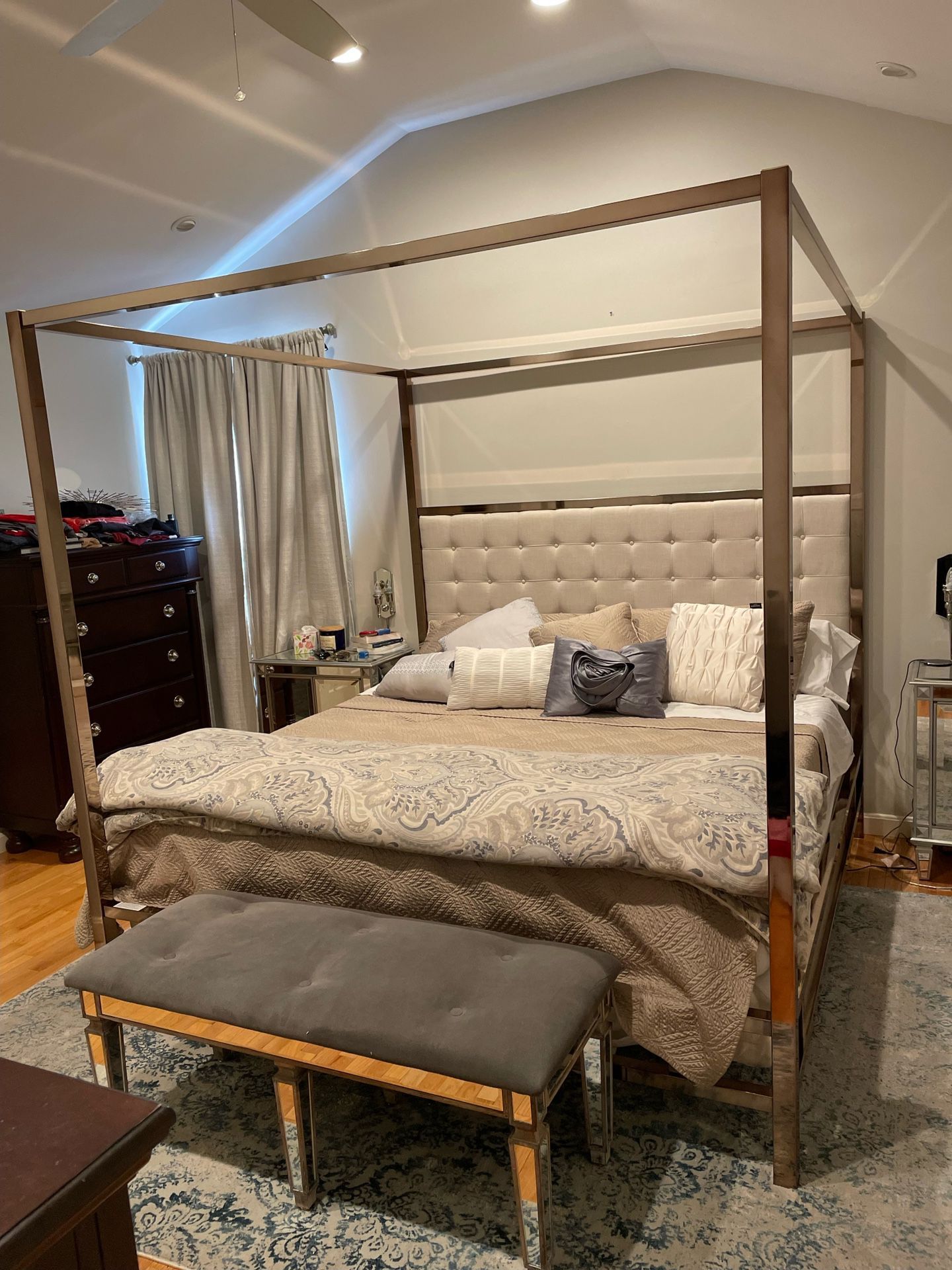 Mirrored Bench, Grey Tufted Upholstery