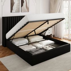 Feonase Full Size Lift Up Storage Bed Frame, Linen Upholstered Platform Bed with Wingback Headboard, Hydraulic Storage, No Box Spring Needed, Black 