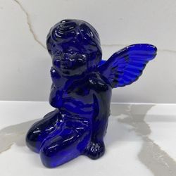 Angel Cobalt Blue Glass Taper Candle Holder Vintage 4.5” Tall