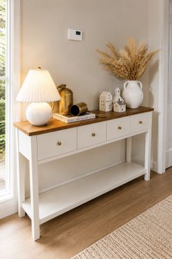 Farmhouse Console Table, 55" Wood Entryway Table, Narrow Long Sofa Table, Behind Couch Table for Living Room, Foyer Table with 4 Drawers and Storage S