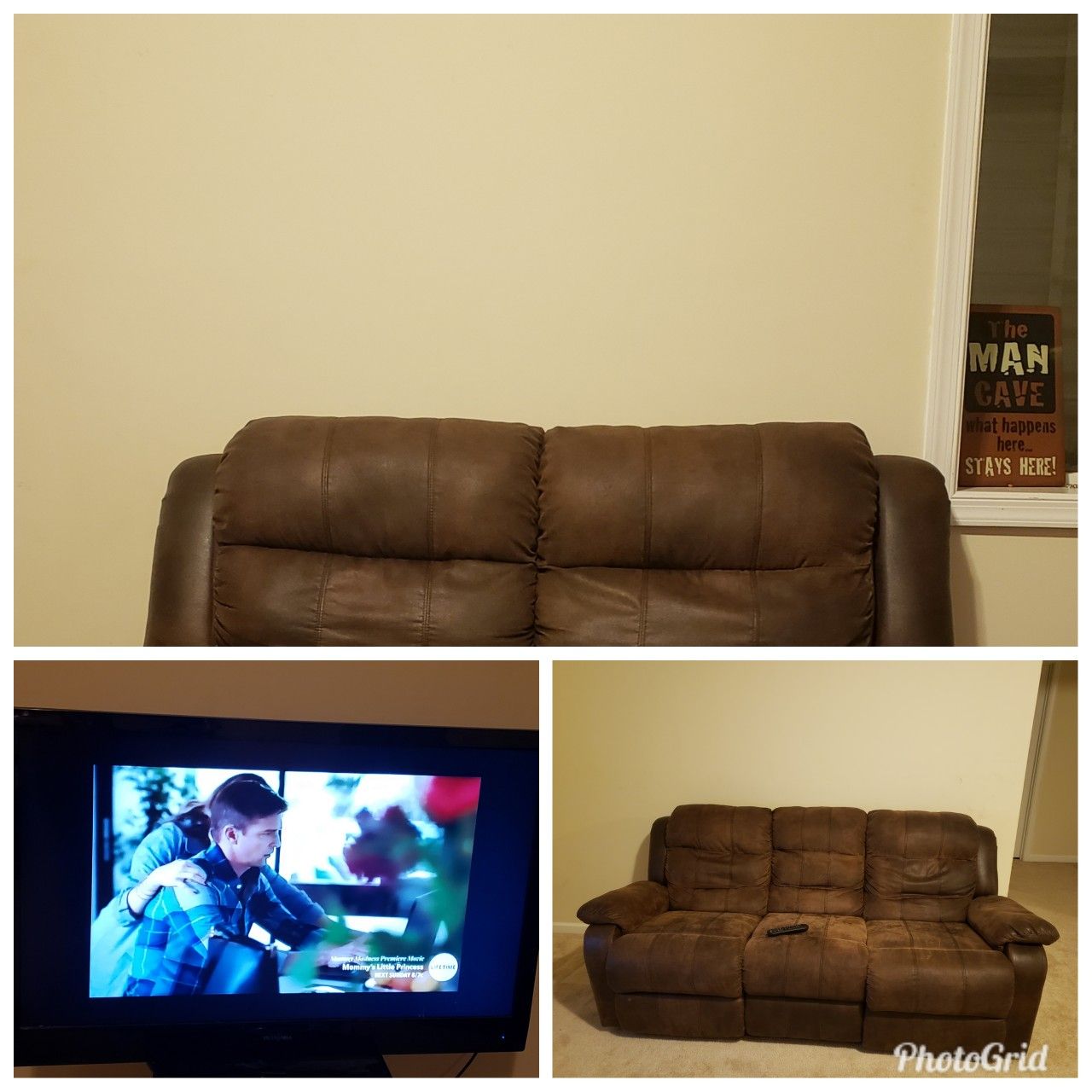 2 piece recliner set with 43inch Insignia tv.