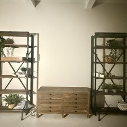 RESTORATION HARDWARE PAIR OF "FRENCH LIBRARY SHELVING" IRON AND DISTRESSED WOOD BOOKCASES AND TV CONSOLE