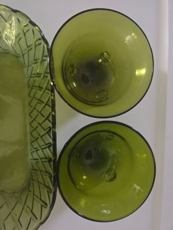 Indiana Glass avocado green basketweave/pretzel pattern celery dish and 2 footed bowls