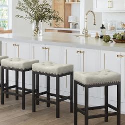 LUE BONA Bar stools Set of 3, 24 Inch Saddle Backless Faux Leather Counter Height Stools with Black Metal Legs, Light Beige Gray