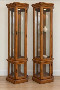 Two Matching Solid Wood Lighted Curio Cabinets