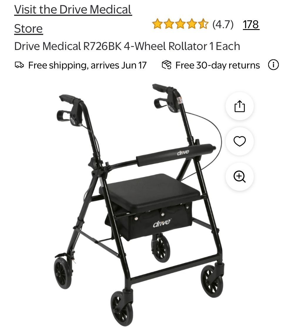 Drive Medical R726BK 4-Wheel Rollator. New In Open Box