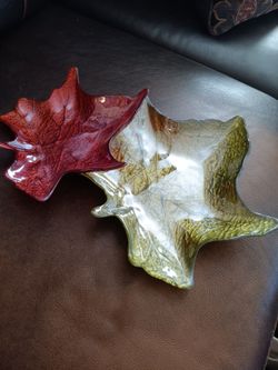 2 Autumn Maple Leaves Glasses Iridescent Candy/Serving Dishes Akcam Turkey