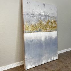 36x24 LARGE White Blue/Grey & Gold Foil/Glitter Textured Canvas Wall Art