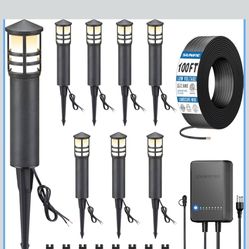 SUNVIE All-in-One LED Landscape Lighting Kit, 8-Pack Low Voltage Pathway Lights with Transformer and 100FT 16/2 AWG Wire, 3000K Waterproof Landscape L