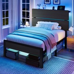 SHA CERLIN Twin Size Bed Frame, Led Light, Charging Station, Storage Shelf