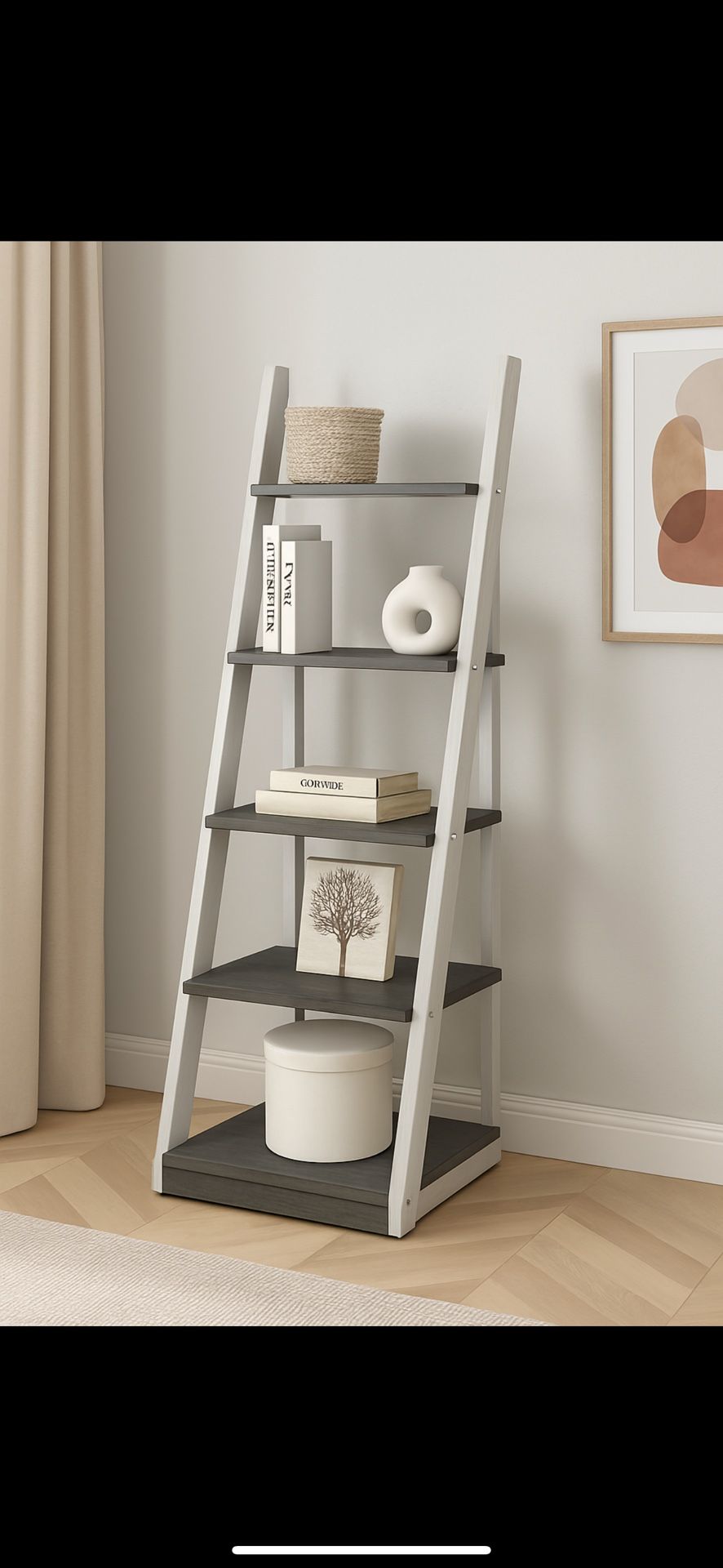 Modern 5-Tier Ladder Shelf – Gray Wood Bookcase