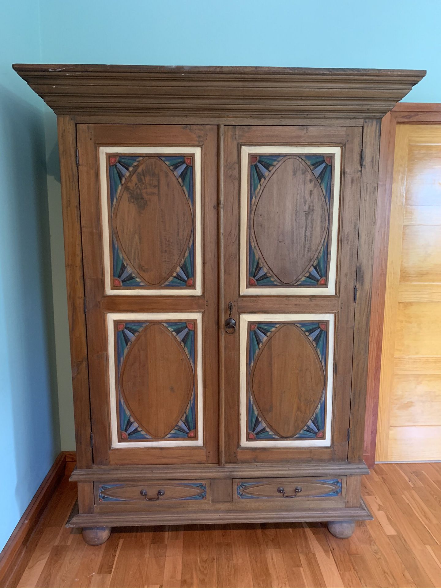 Solid Wood Double Armoire Cabinet with painted decorative accents