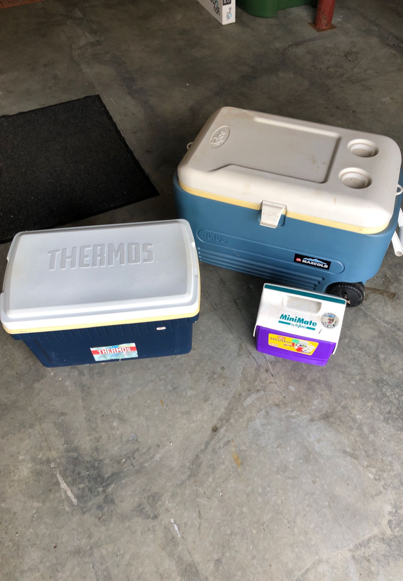 3 coolers. Two Igloo, one Thermos. Will sell individually if need be.