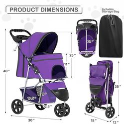 3 Wheels Pet Dog Cat Stroller for Small Medium Dogs Cats, Lightweight Foldable Jogger Stroller w/Storage Basket and Cup Holder, Purple