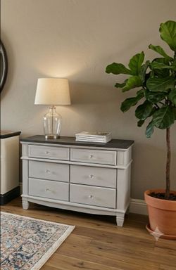 Upcycled off white 6-Drawer Dresser with Stained Wood Top