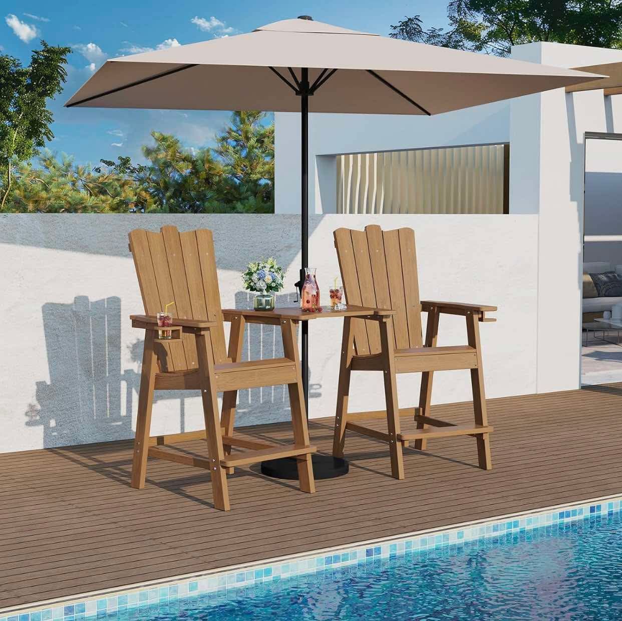 Tall Adirondack Chairs Set of 2, HDPS Patio Adirondack Chairs, Tall Balcony Chair with Connecting Tray, Bar Height Chairs with CupHolder and Umbrella 