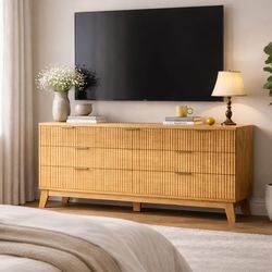 Drawer Dresser 7 for Bedroom, 47''W Fluted Wooden Dresser Storage Cabinet and Chest of Drawers with Metal Handle, Storage Organizer for Living Room, H