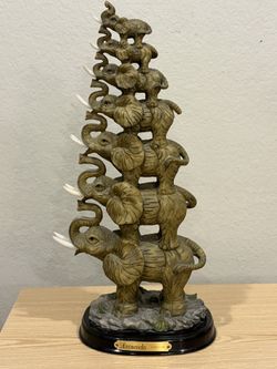 Handcrafted Elephant Figuring Tower - Symbol of Strength & Good Luck - Trunk-Up 14”