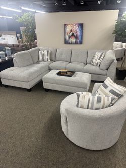 Pottery barn gray chenille sectional couch and ottoman