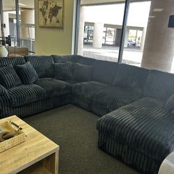 Giant Corduroy Sectional With Sleeper In Dark Gray 