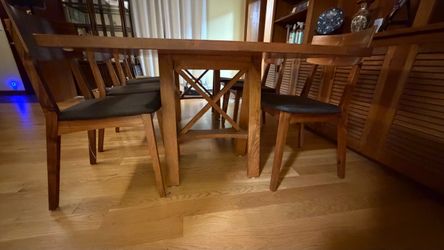 6 Walnut chairs & 7’ L x 41”W contemporary  maple table,
