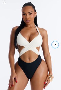 Wrap Halter Black and White 1 Piece Swimsuit - S