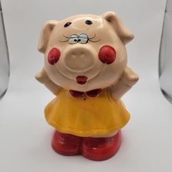Vintage Enesco Flirty Girl Piggy Bank 1950’s Ceramic Hand Painted 6" No Stopper