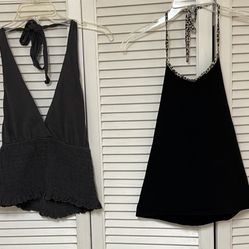 Lot of 2 American Eagle Black Cropped Halter Tops - Medium - VGUC