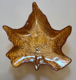 Iridescent Amber- Copper Metallic Autumn Maple Leaf art glass, 8" x 8" Dish
